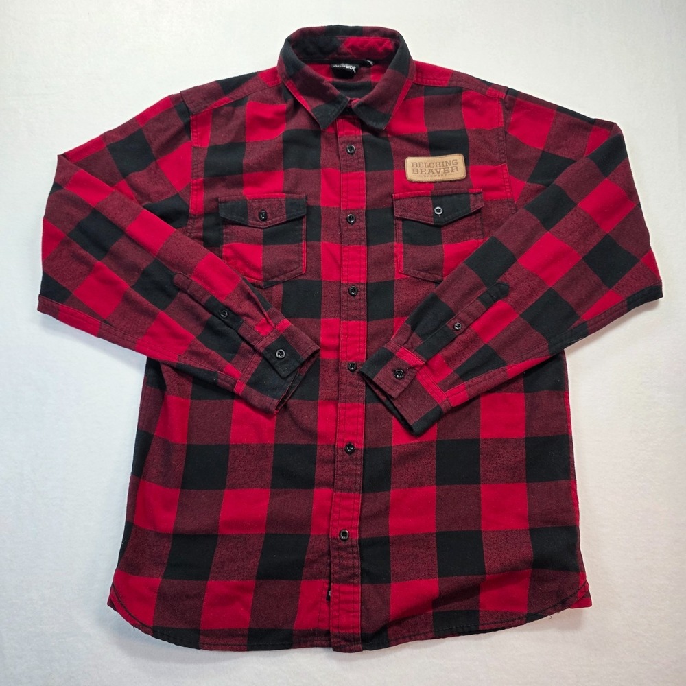 Burnside Men's‎ Buffalo Check Flannel Shirt M Belching Beaver Brewery Patch